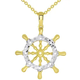 14k Gold Textured Two Tone Ships Wheel Pendant Necklace - Yellow Gold