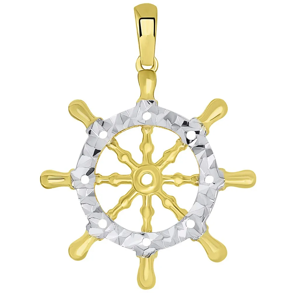 14k Gold Textured Two Tone Ships Wheel Pendant Necklace - Yellow Gold