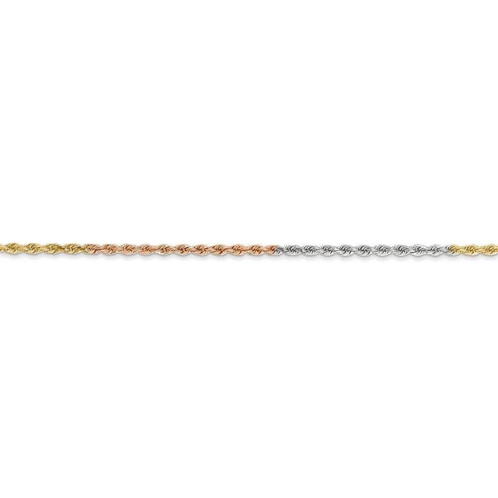 1.5mm 14k Tri-Color Gold D/C Solid Rope Chain Anklet or Bracelet