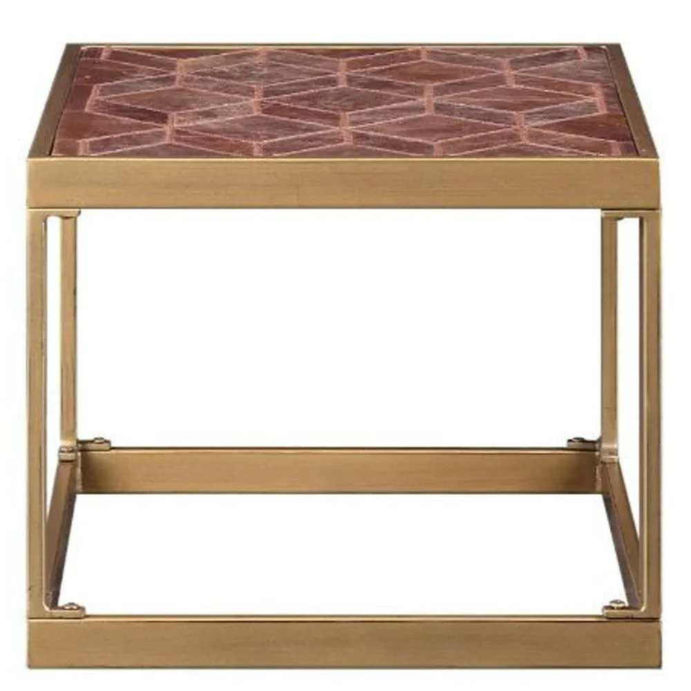 16" Brass And Warm Brown Leather Rectangular End Table By Homeroots