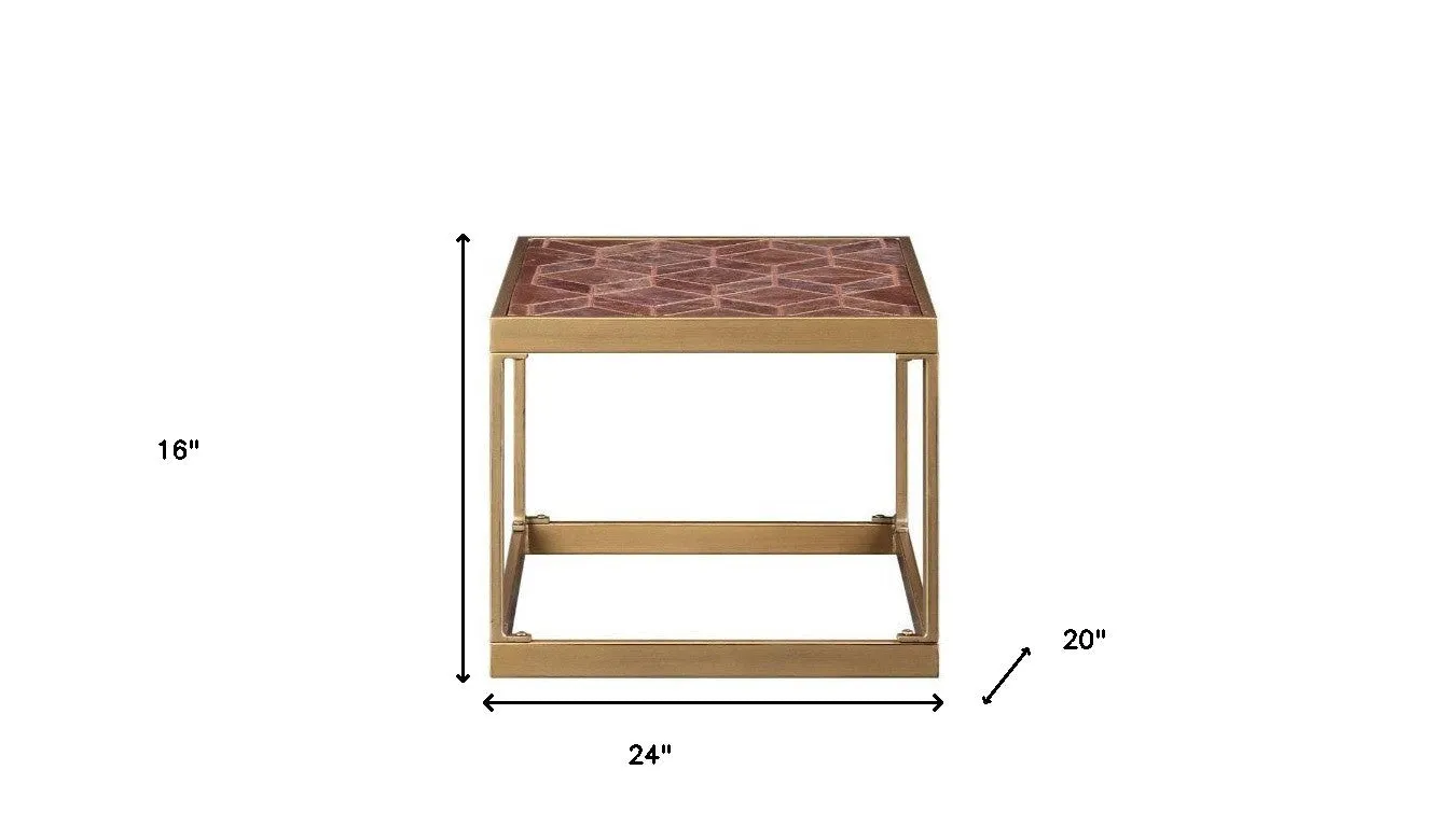 16" Brass And Warm Brown Leather Rectangular End Table By Homeroots