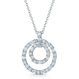 18ct White Gold Baguette and Round Brilliant Cut Diamond Double Circle Pendant