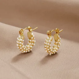 18K Gold Pearl Hoop Earrings