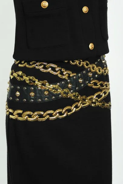 1985 Chanel Documented Black Wool Metallic Gold Trompe L'oeil Belt Dress