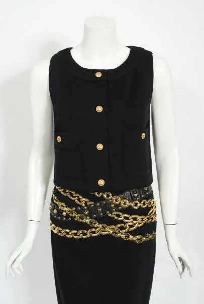 1985 Chanel Documented Black Wool Metallic Gold Trompe L'oeil Belt Dress