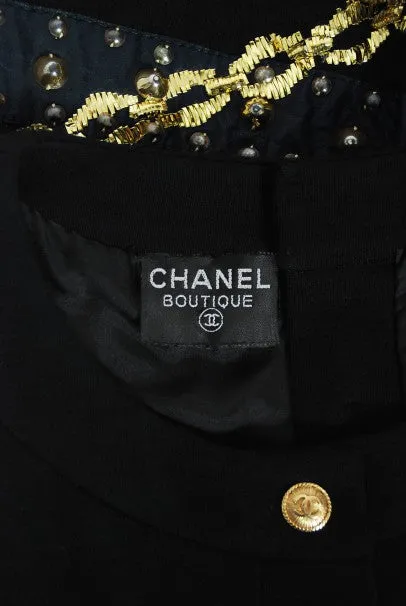 1985 Chanel Documented Black Wool Metallic Gold Trompe L'oeil Belt Dress