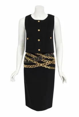 1985 Chanel Documented Black Wool Metallic Gold Trompe L'oeil Belt Dress