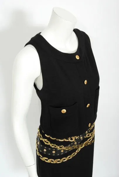 1985 Chanel Documented Black Wool Metallic Gold Trompe L'oeil Belt Dress