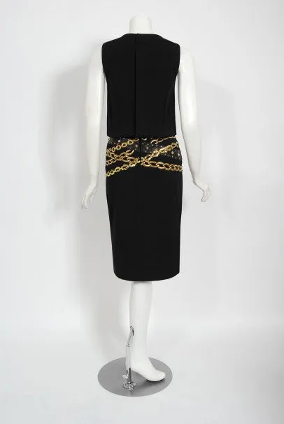 1985 Chanel Documented Black Wool Metallic Gold Trompe L'oeil Belt Dress