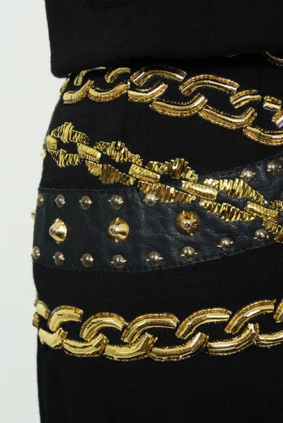 1985 Chanel Documented Black Wool Metallic Gold Trompe L'oeil Belt Dress