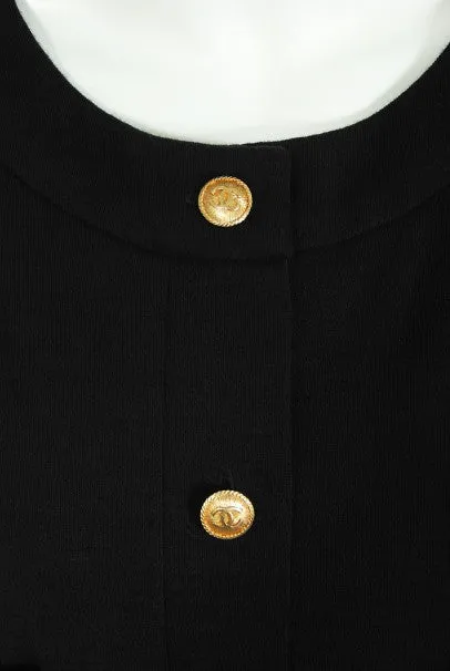 1985 Chanel Documented Black Wool Metallic Gold Trompe L'oeil Belt Dress