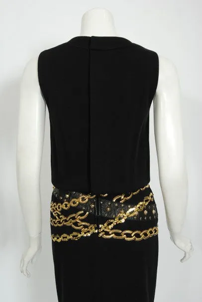 1985 Chanel Documented Black Wool Metallic Gold Trompe L'oeil Belt Dress