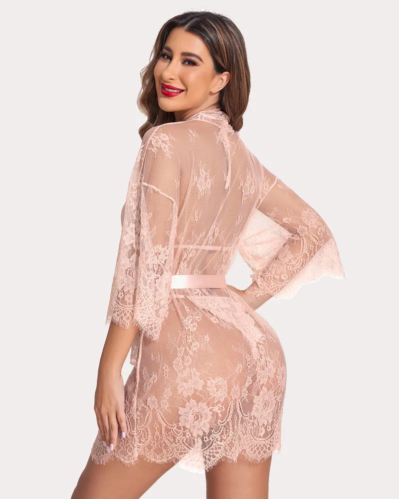 2 Piece Set Lace Kimono Robe with Lace Teddy