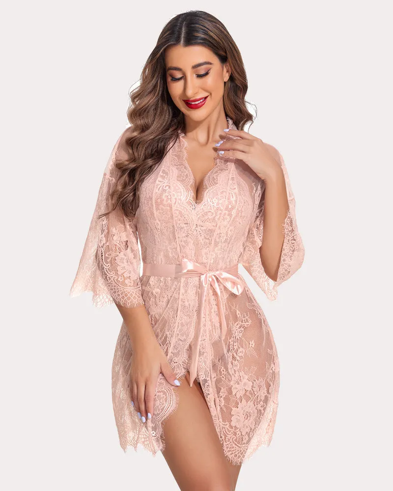 2 Piece Set Lace Kimono Robe with Lace Teddy