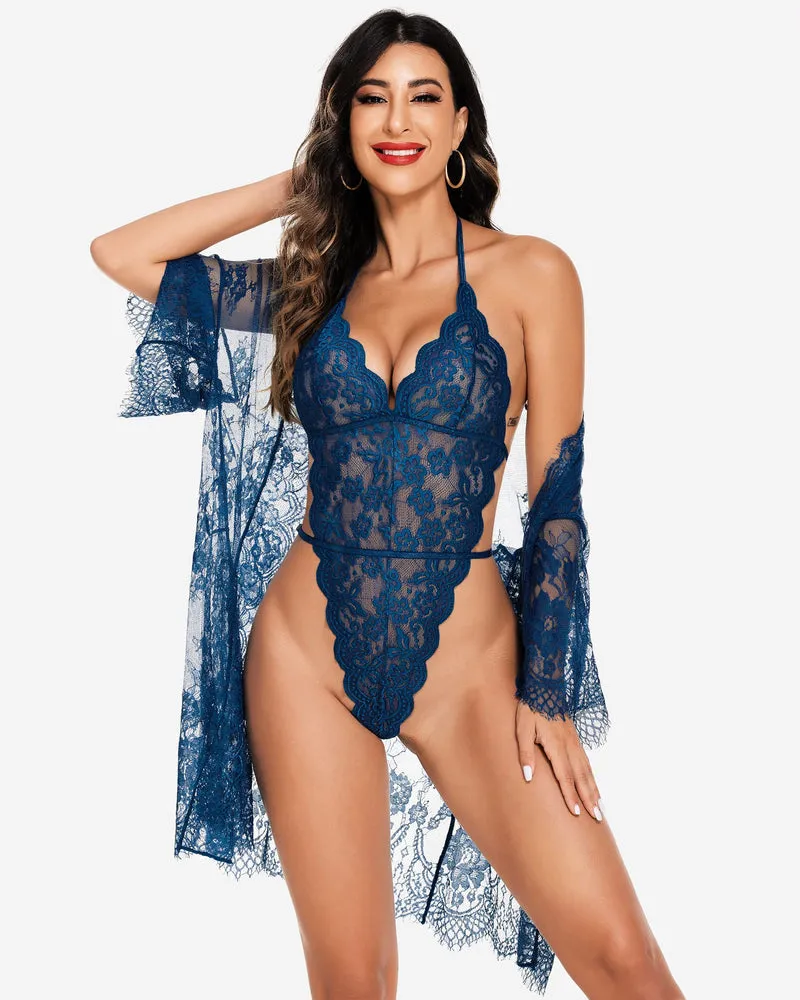 2 Piece Set Lace Kimono Robe with Lace Teddy