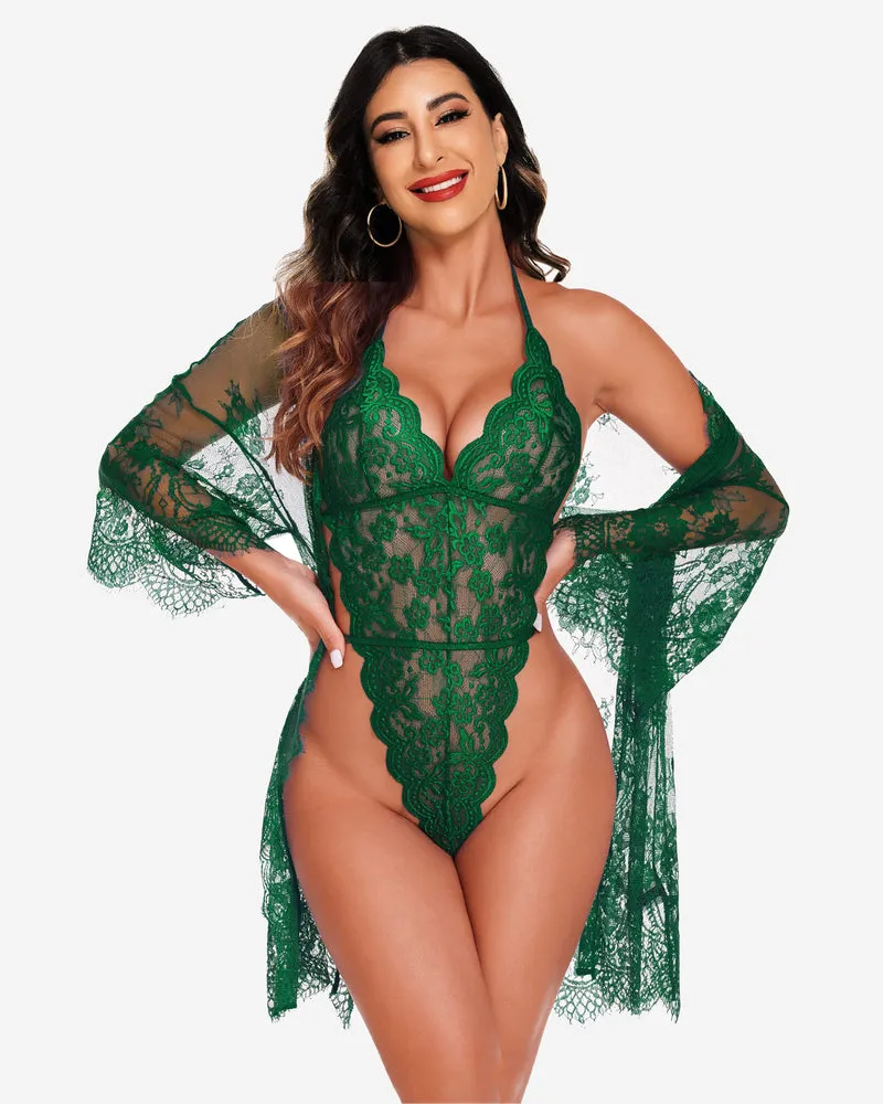 2 Piece Set Lace Kimono Robe with Lace Teddy