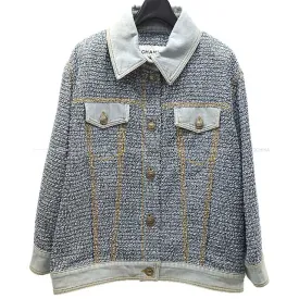 2018 SS CHANEL Blouson COCO Button Tweed Denim Jacket #42 Light blue Cotton/Polyamide/Silk 42 P58315[EXCELLENT][Authentic]