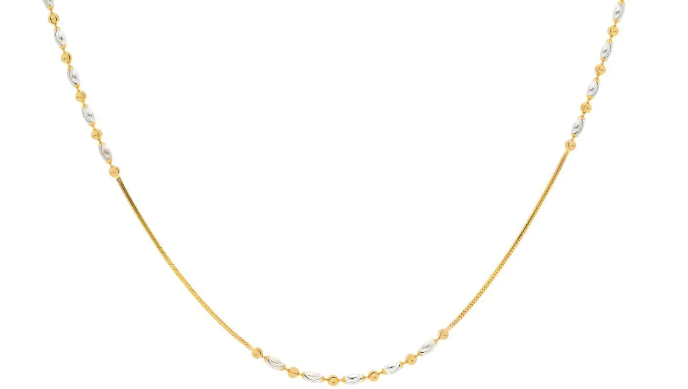 22K Multi Tone Gold Thin Necklace W/ Moon Cut Gold Beads, 16 inches