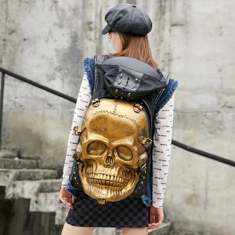 3D Skull Backpack Rivets Skull Backpack With Hoodie Cap