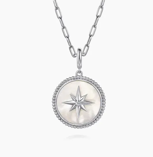 925 Sterling Silver Bujukan White Sapphire and Mother Of Pearl Round Starburst Medallion Pendant