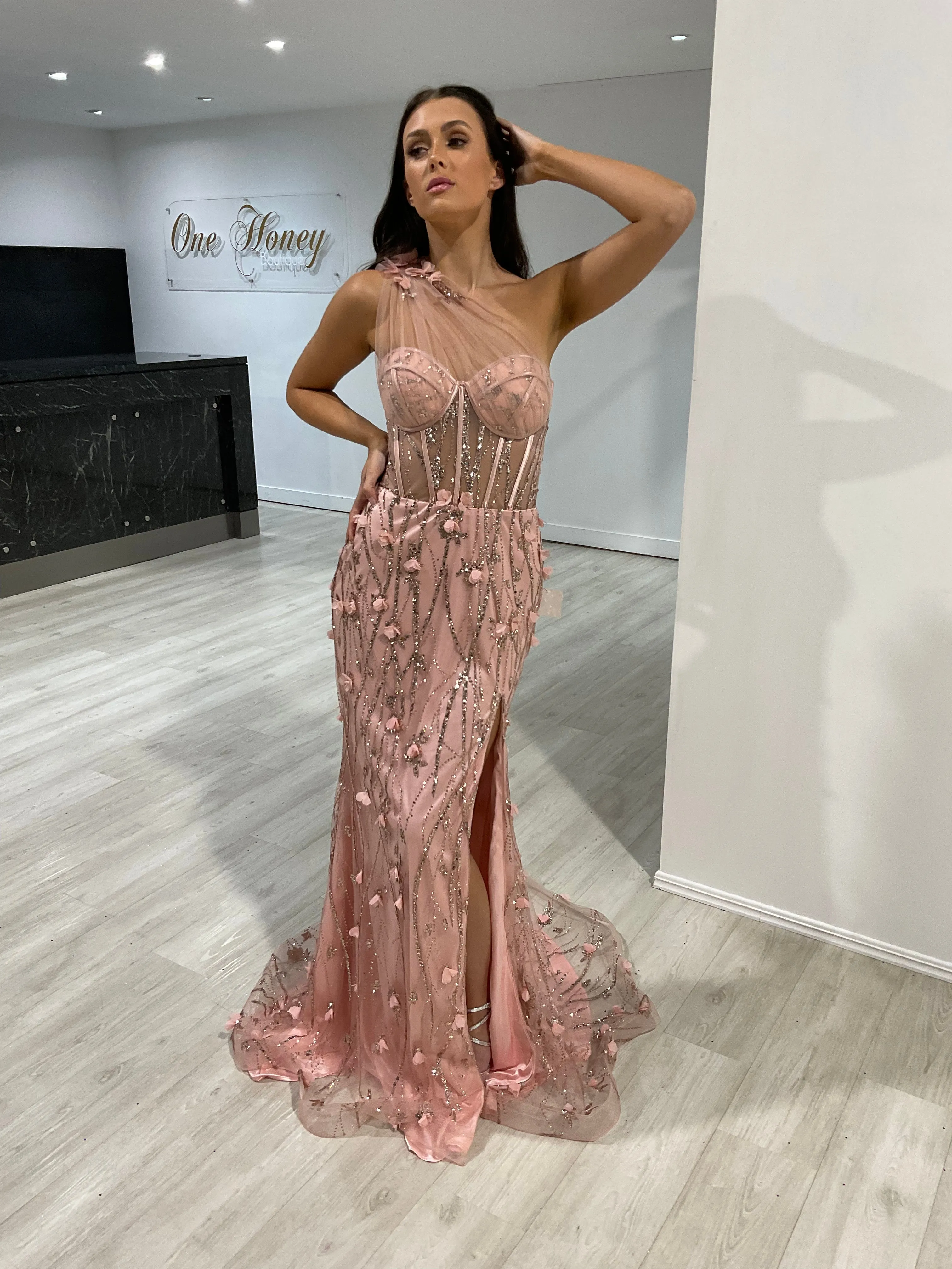 AMINA One Shoulder Glitter Tulle Mermaid Formal Dress