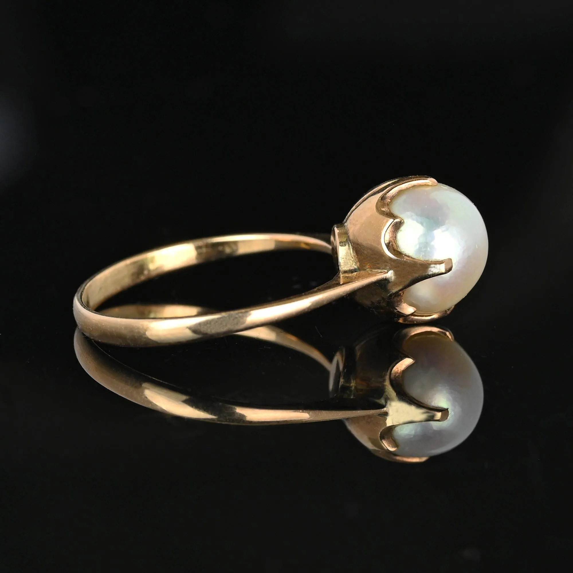 Antique 14K Gold Claw Set Akoya Pearl Solitaire Ring