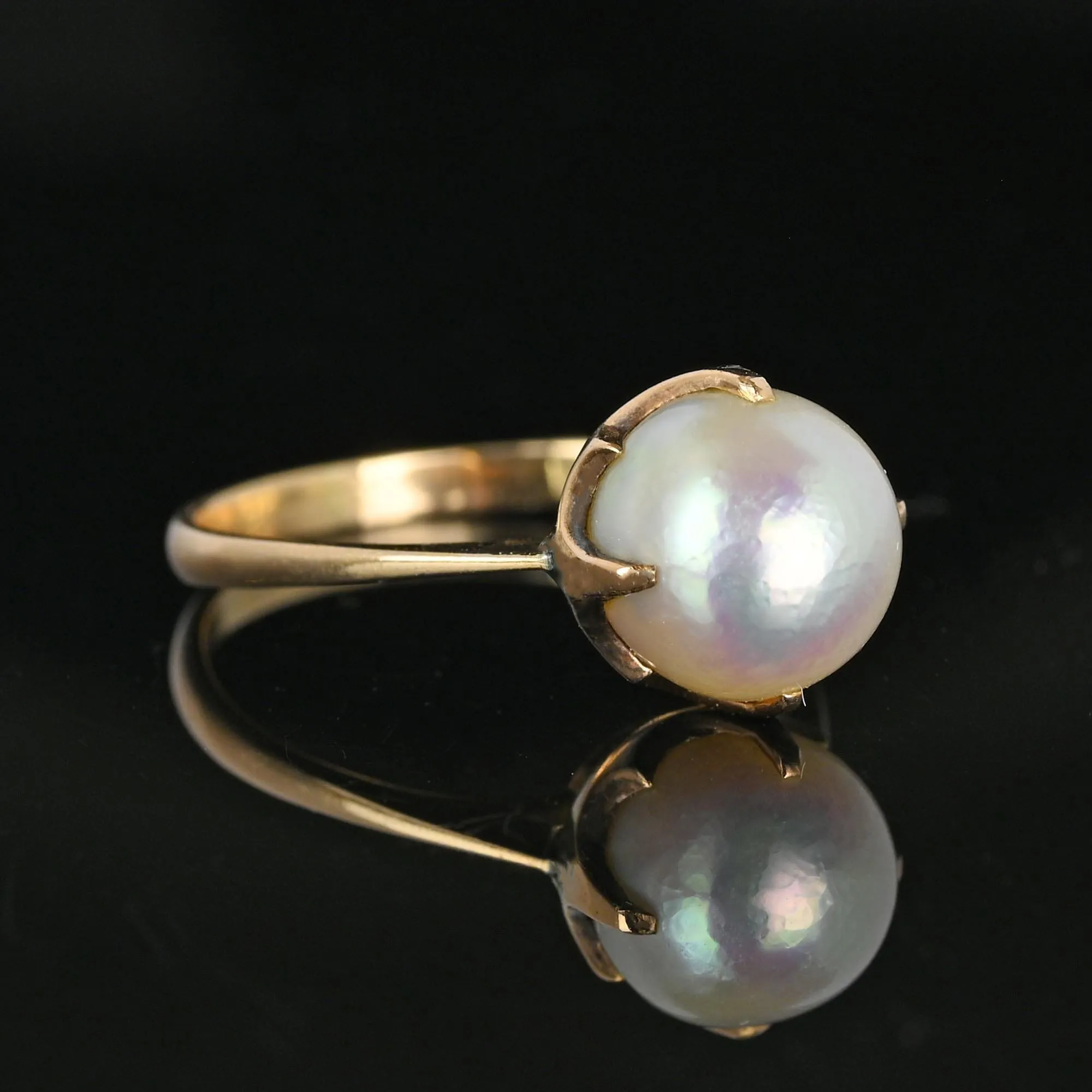 Antique 14K Gold Claw Set Akoya Pearl Solitaire Ring