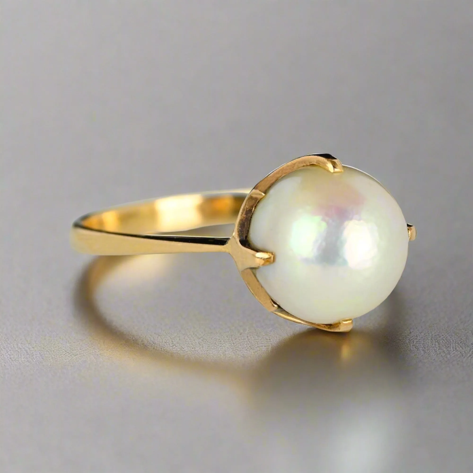 Antique 14K Gold Claw Set Akoya Pearl Solitaire Ring