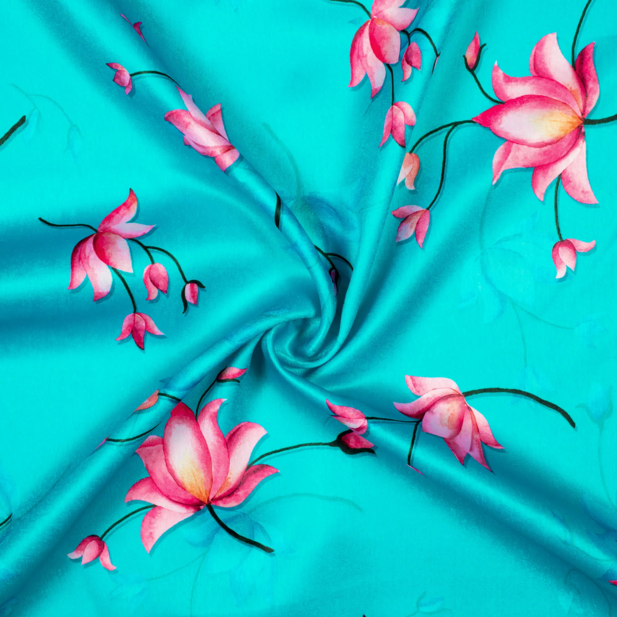 Aqua Blue And Pink Floral Pattern Digital Print Lush Satin Fabric