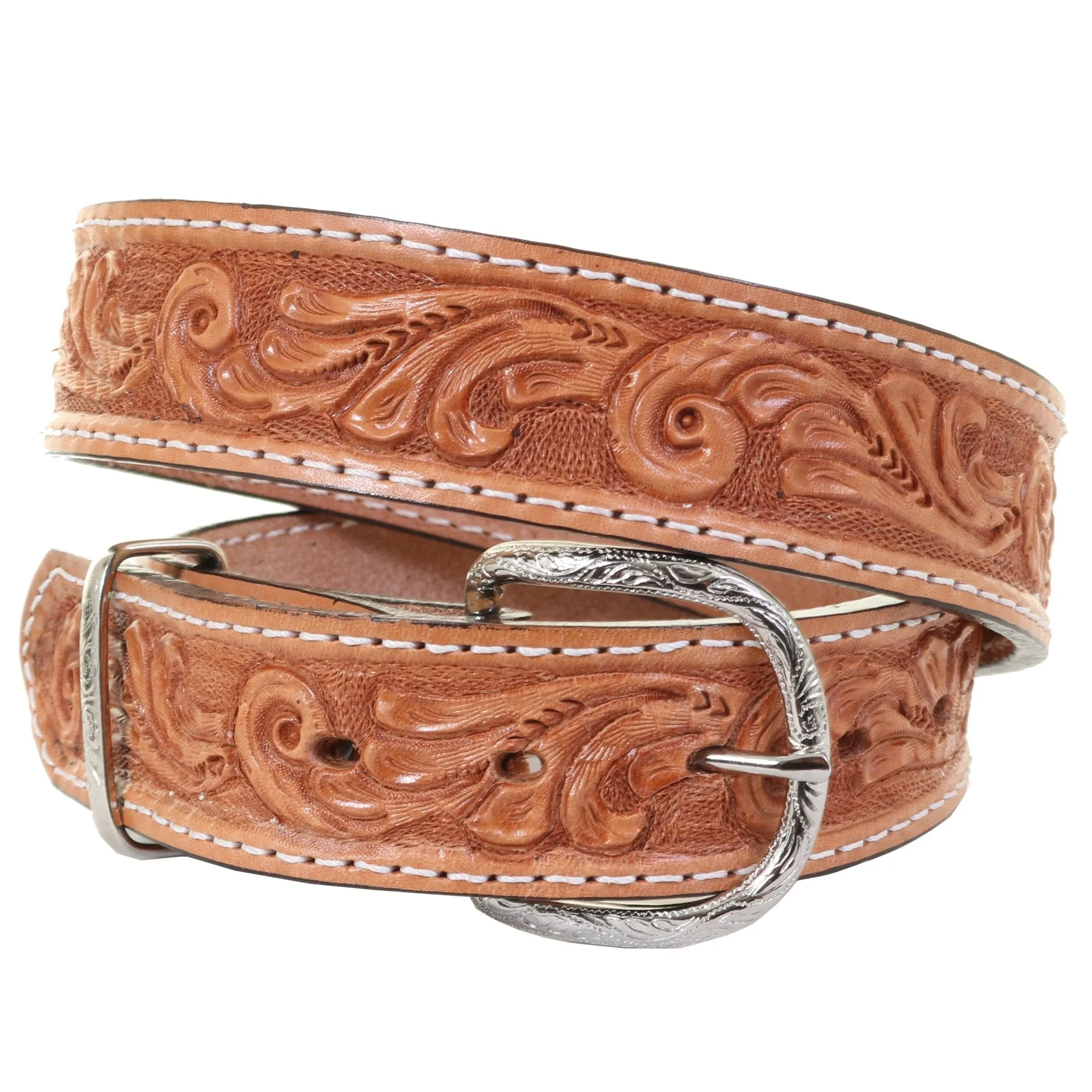 B1200 - Natural Fancy Floral Tooled Leather Belt