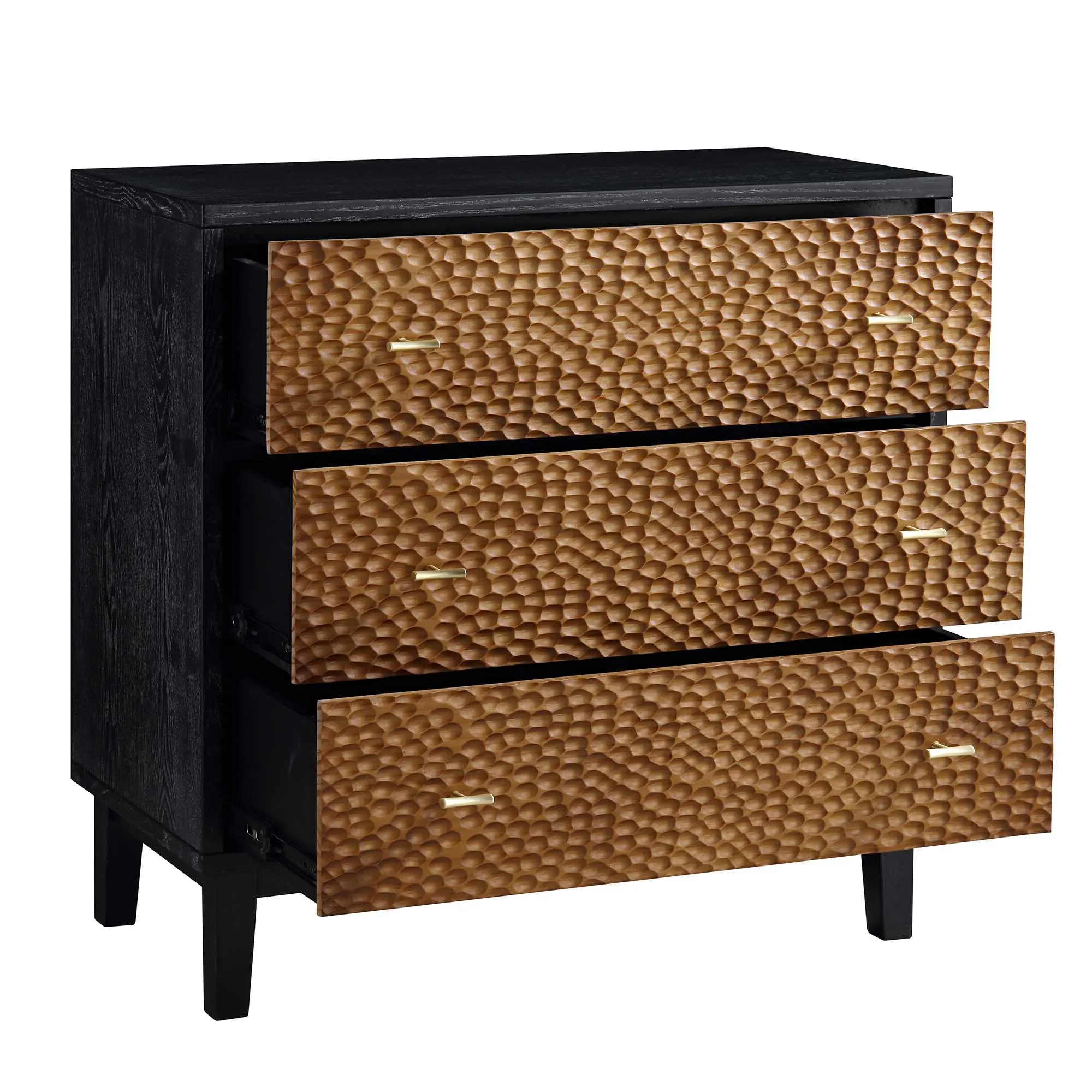 Bianca Chip Carved 3 Drawer Chest, Antique Bronze & Black