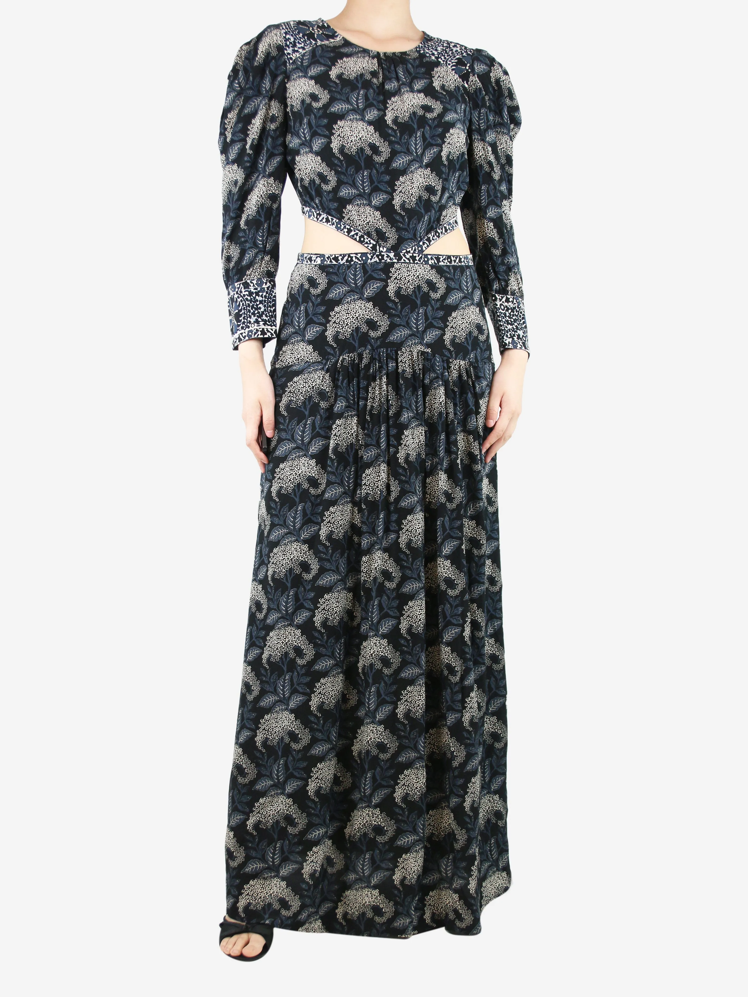 Black and blue floral printed cutout maxi dress - size UK 10