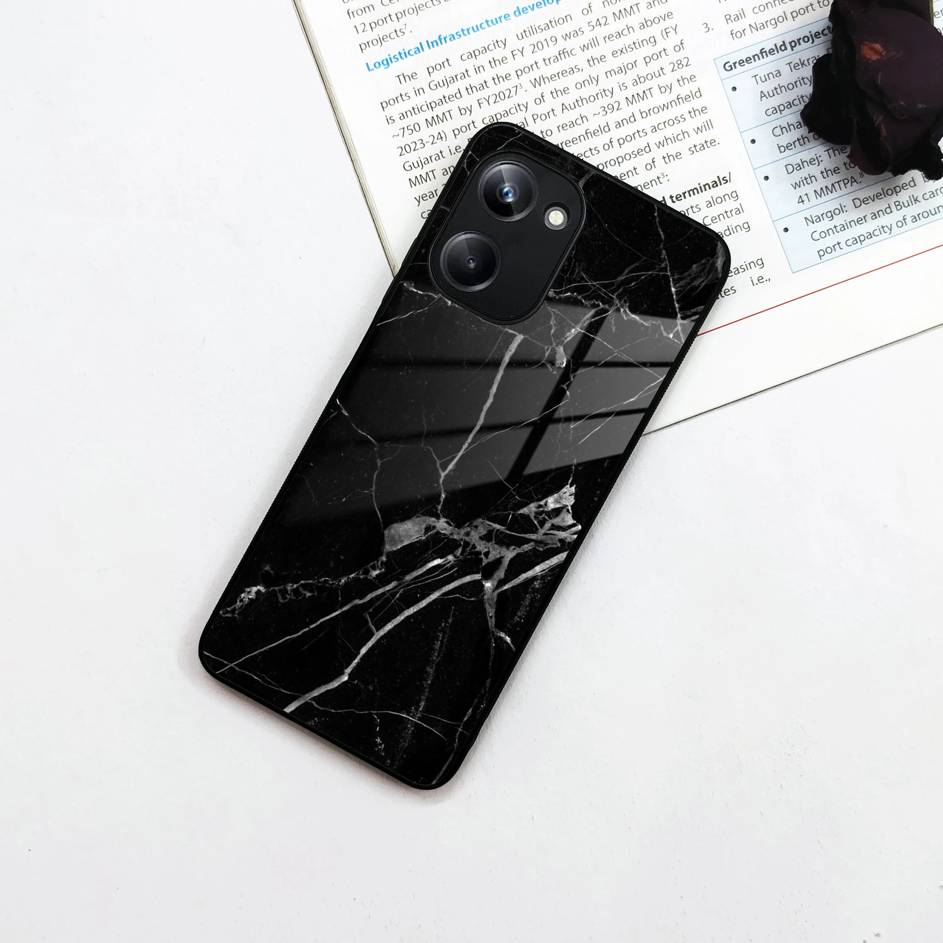 Black Marble Patter Glass Case Cover For Realme/Narzo