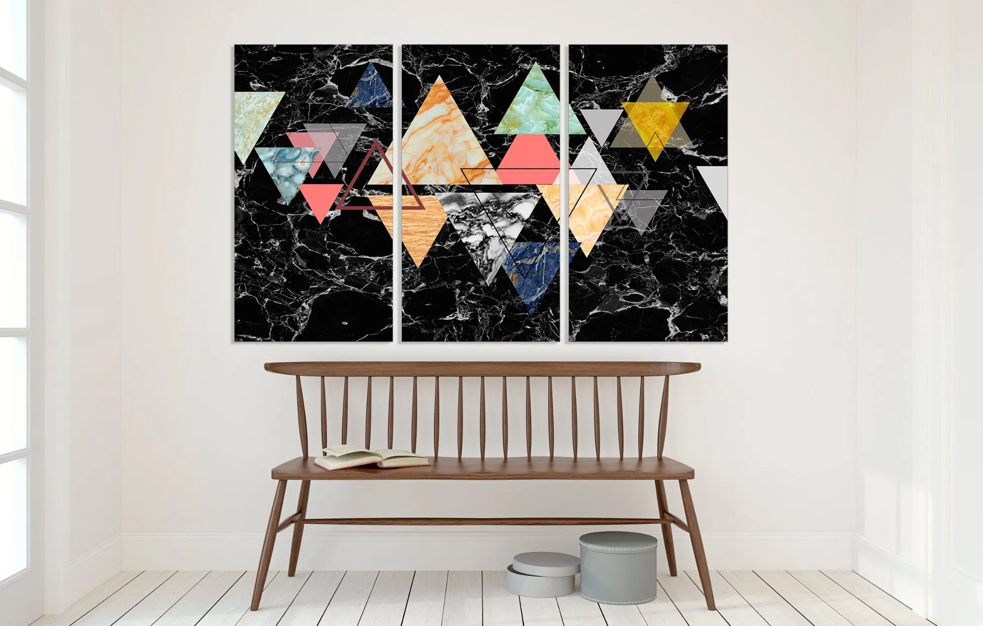 Black marble wall art, abstract geometric canvas paintings, huge multi panel canvas wall art dark