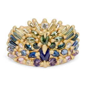 Blue & Green Uber Half Shield Ring with Diamonds - Size 9 - 11370