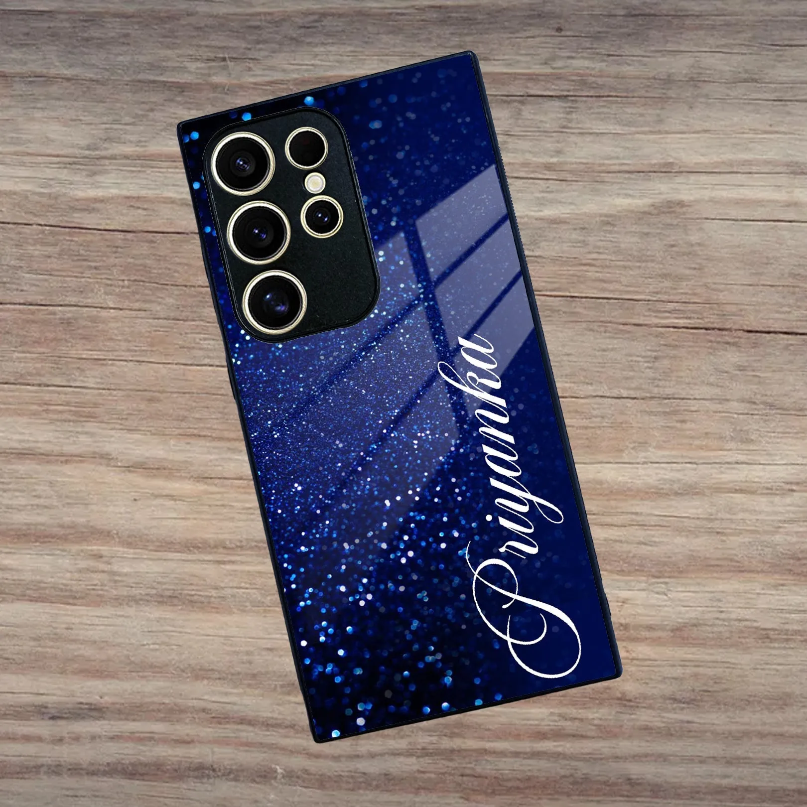 Blue Glitter Customize Glass Case Cover For Samsung