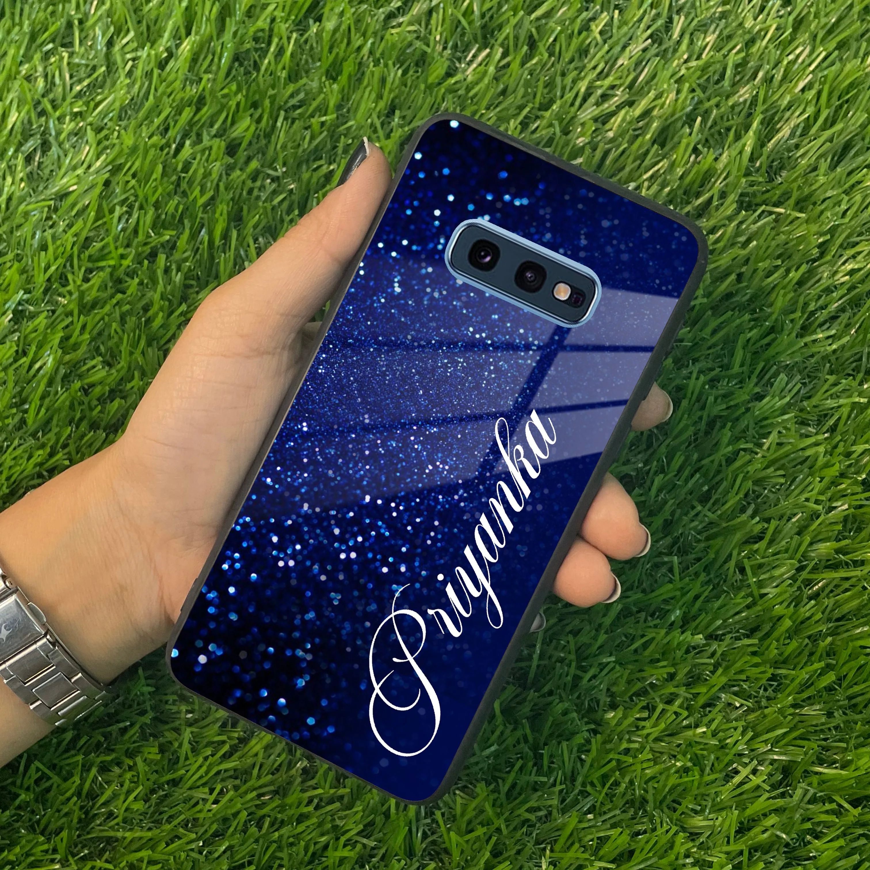 Blue Glitter Customize Glass Case Cover For Samsung