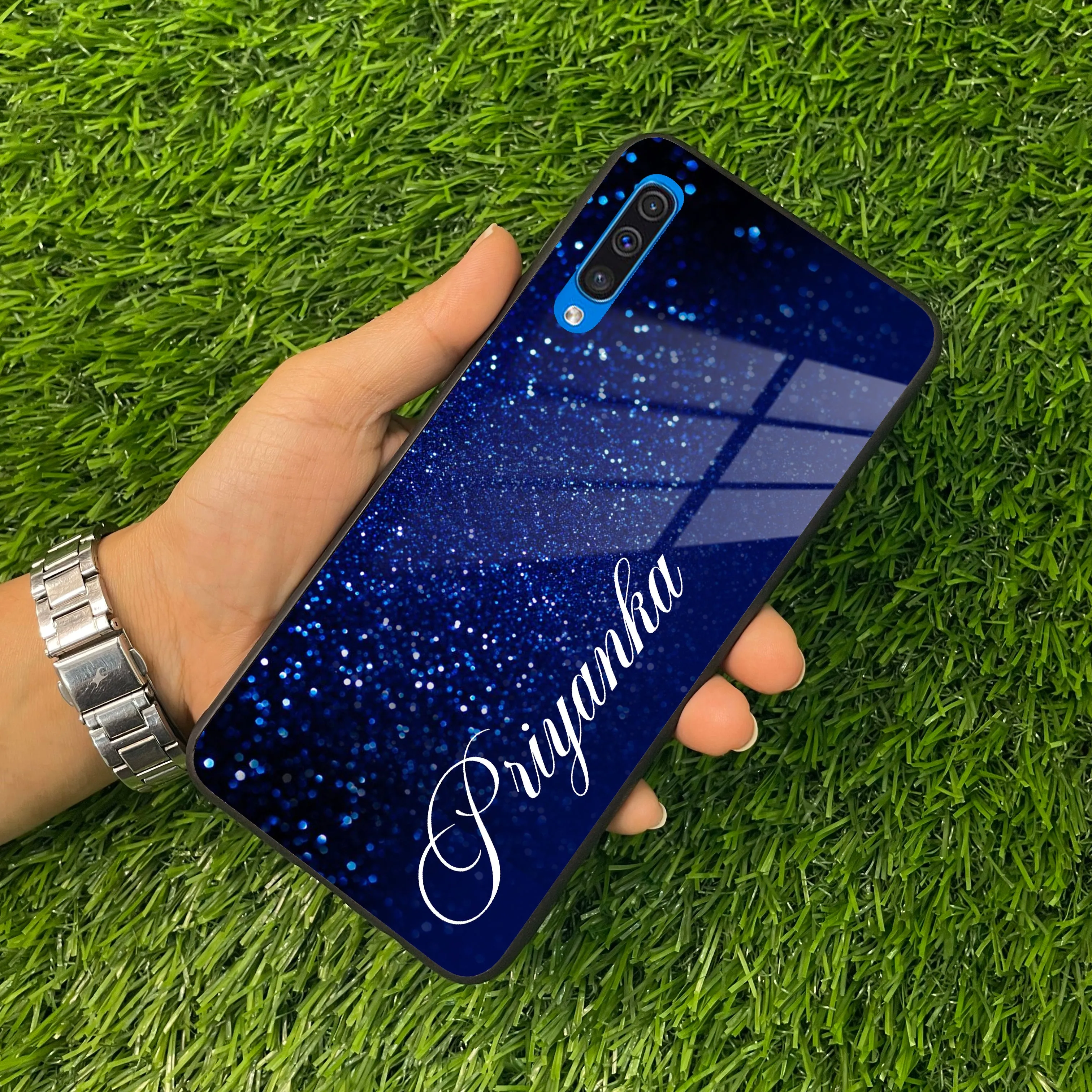 Blue Glitter Customize Glass Case Cover For Samsung