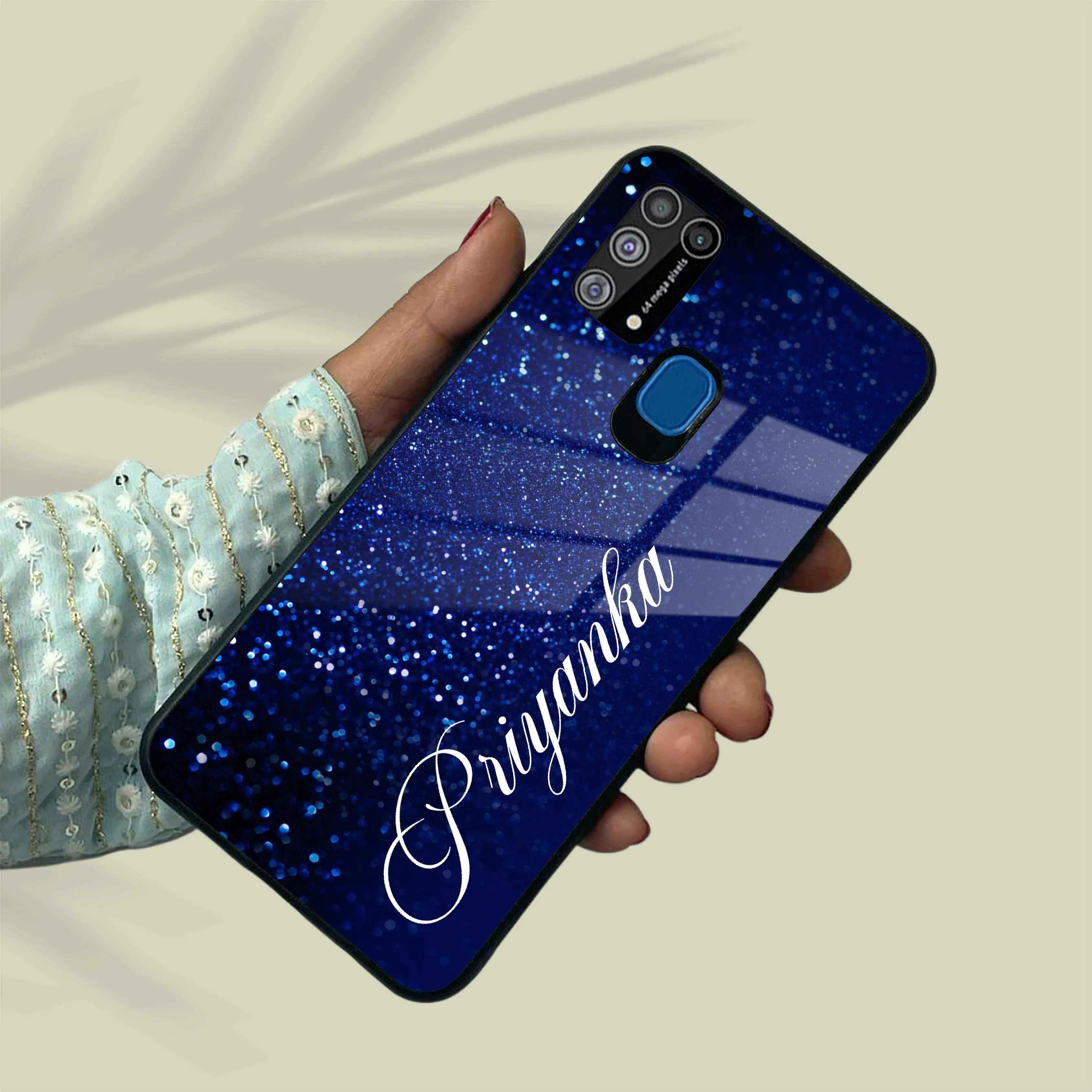 Blue Glitter Customize Glass Case Cover For Samsung