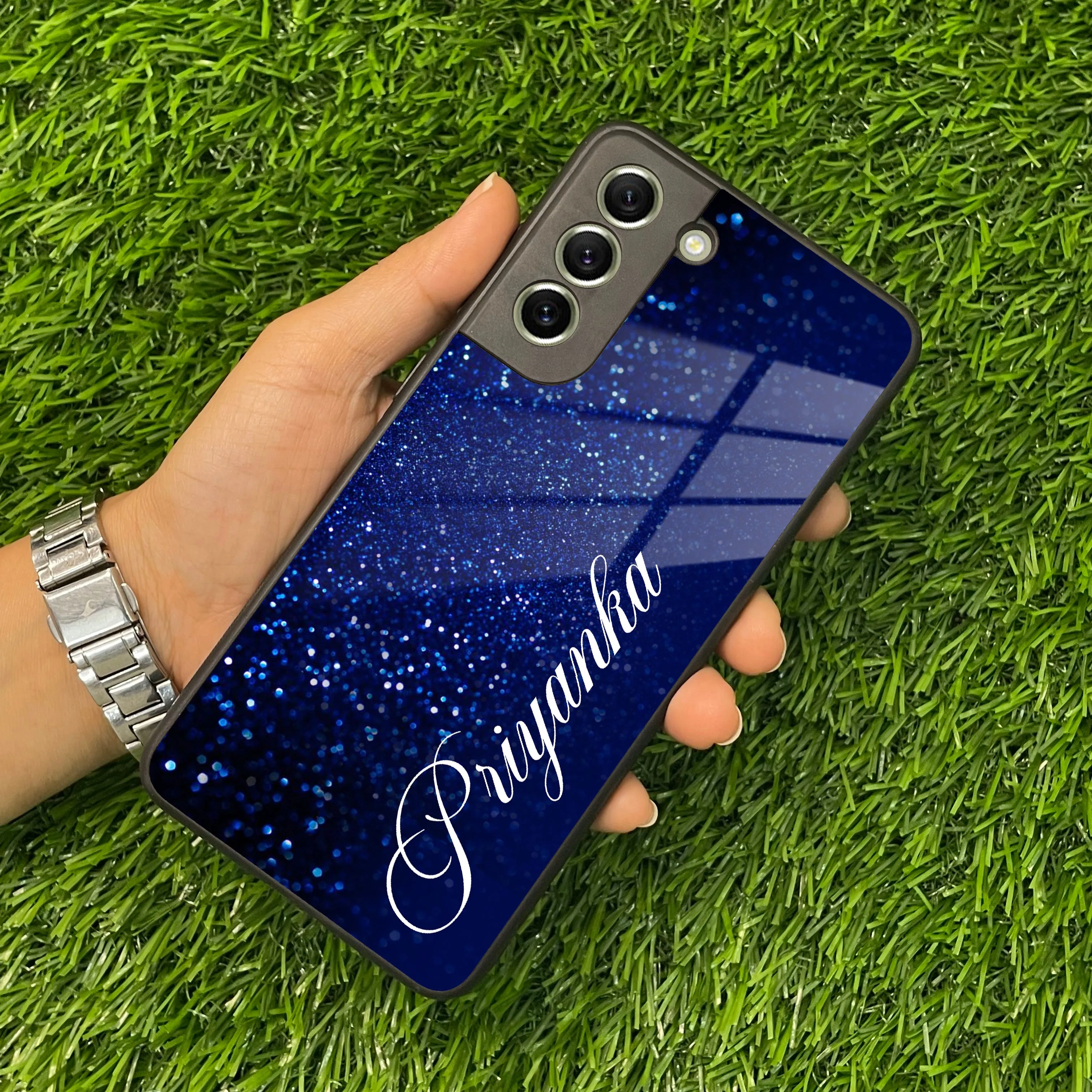 Blue Glitter Customize Glass Case Cover For Samsung