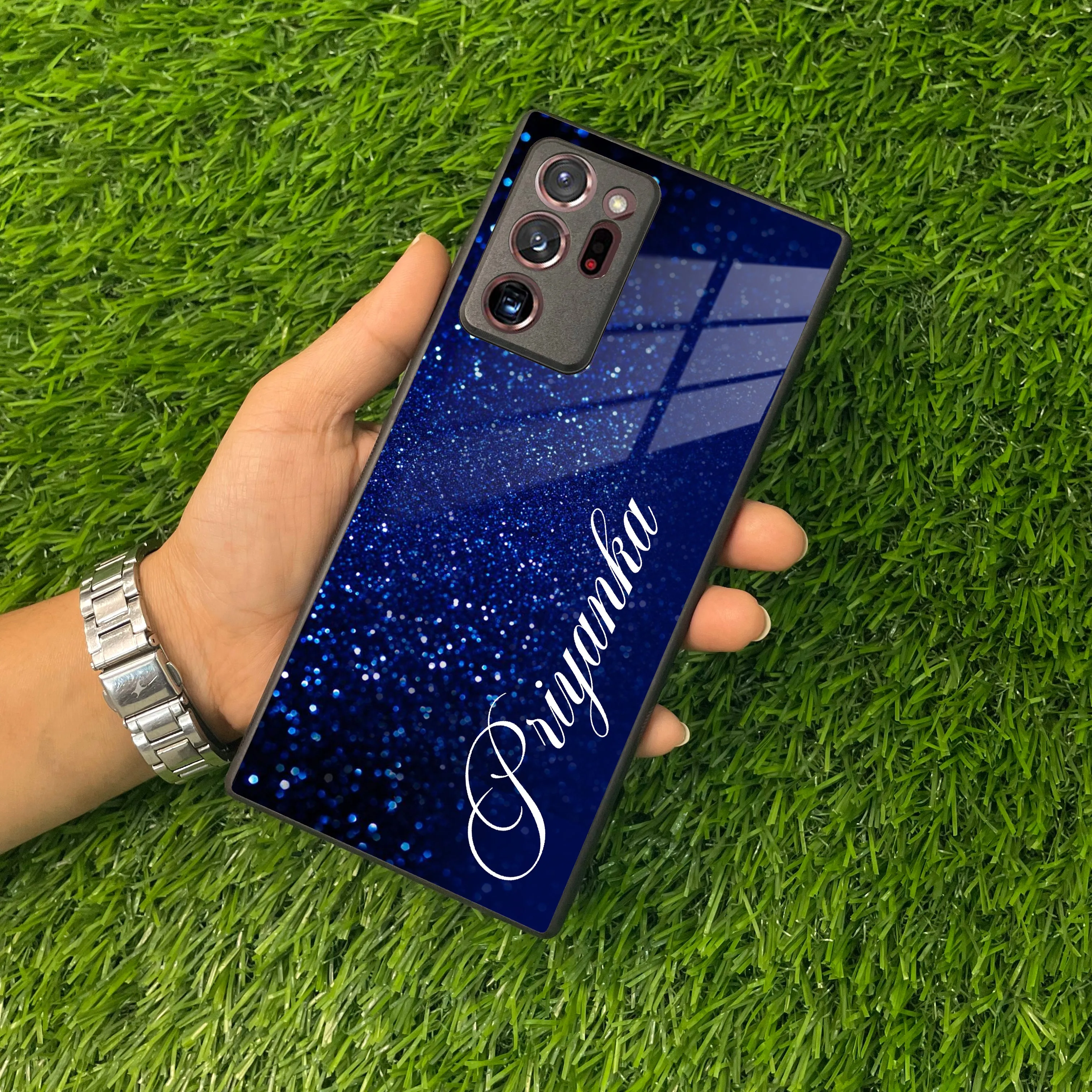 Blue Glitter Customize Glass Case Cover For Samsung