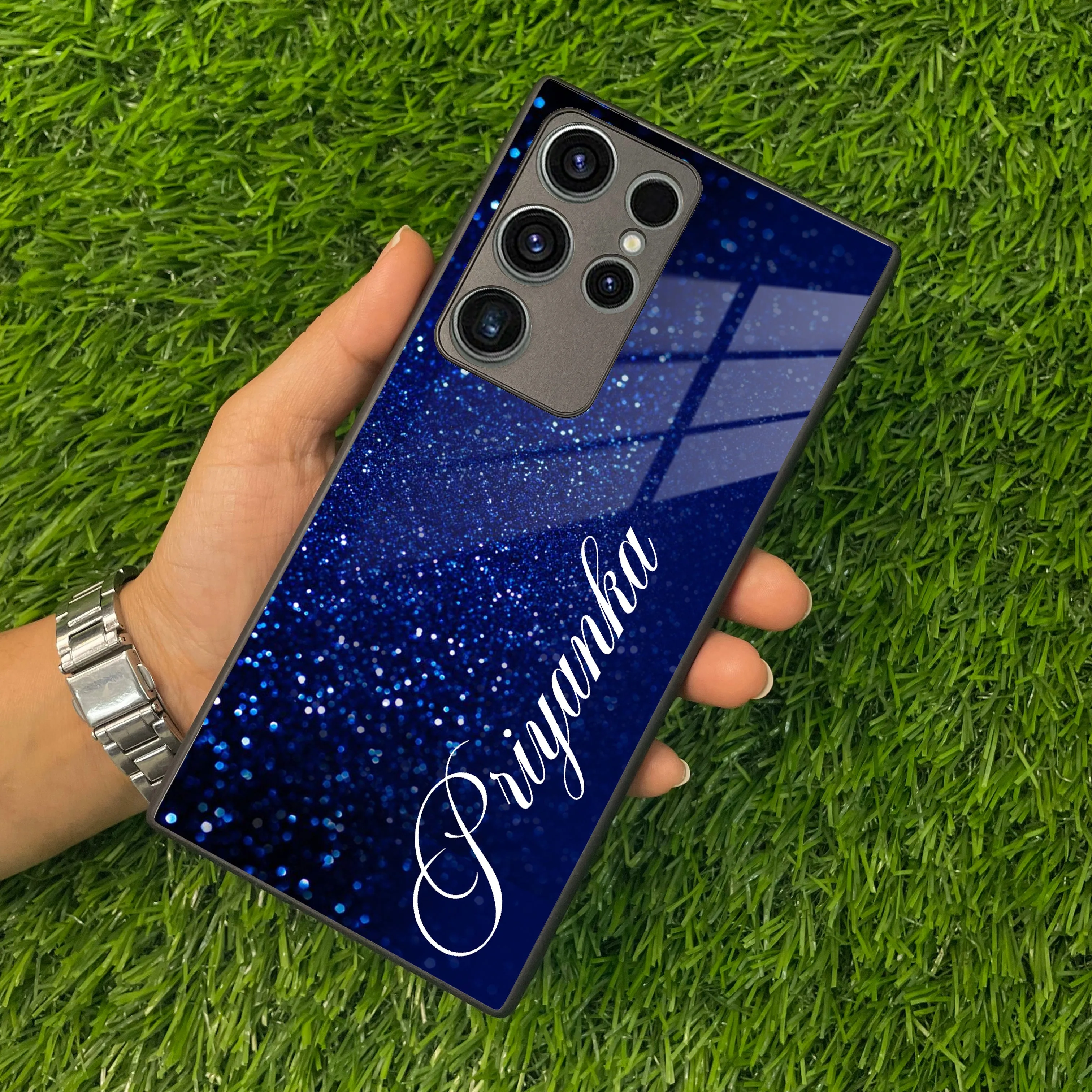 Blue Glitter Customize Glass Case Cover For Samsung