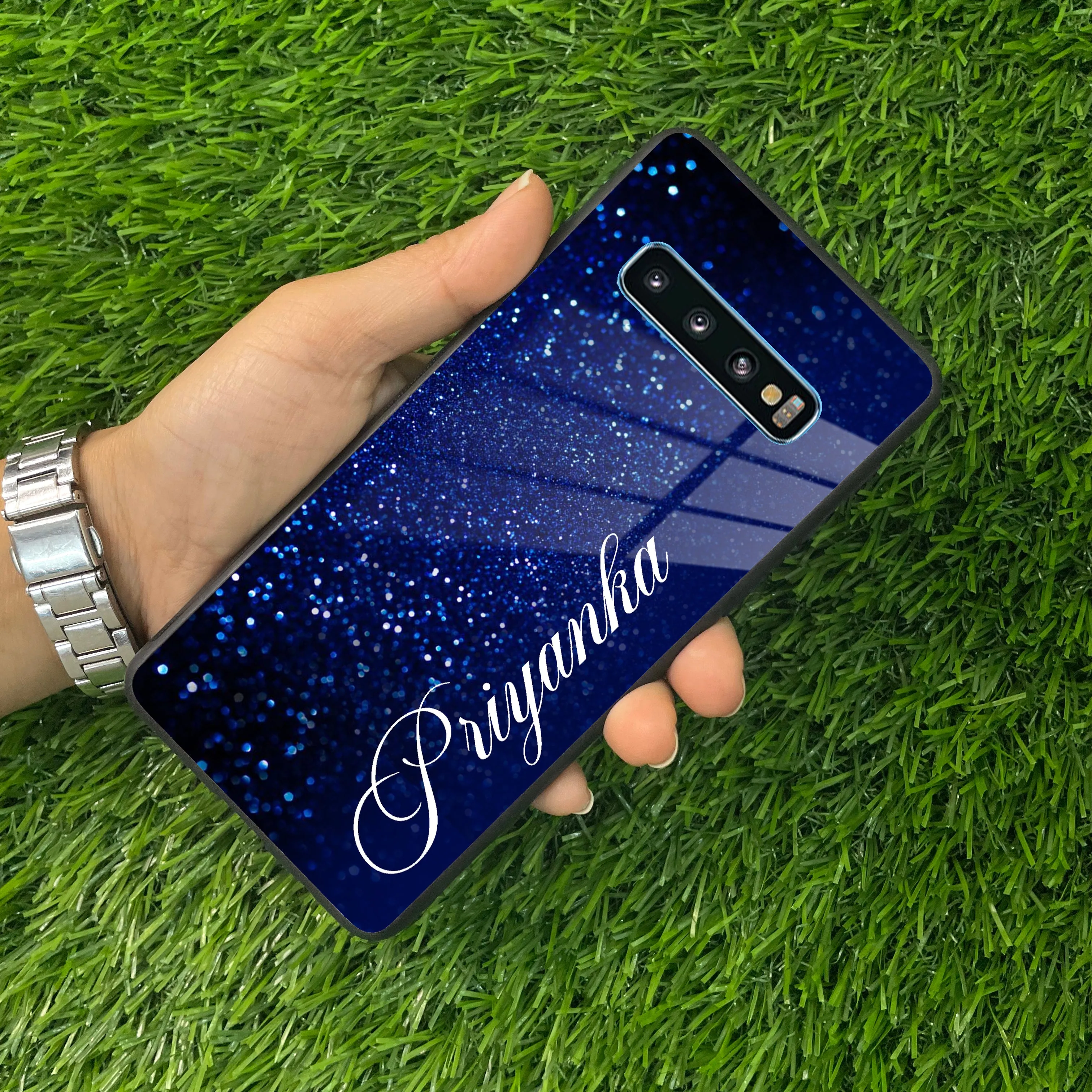 Blue Glitter Customize Glass Case Cover For Samsung