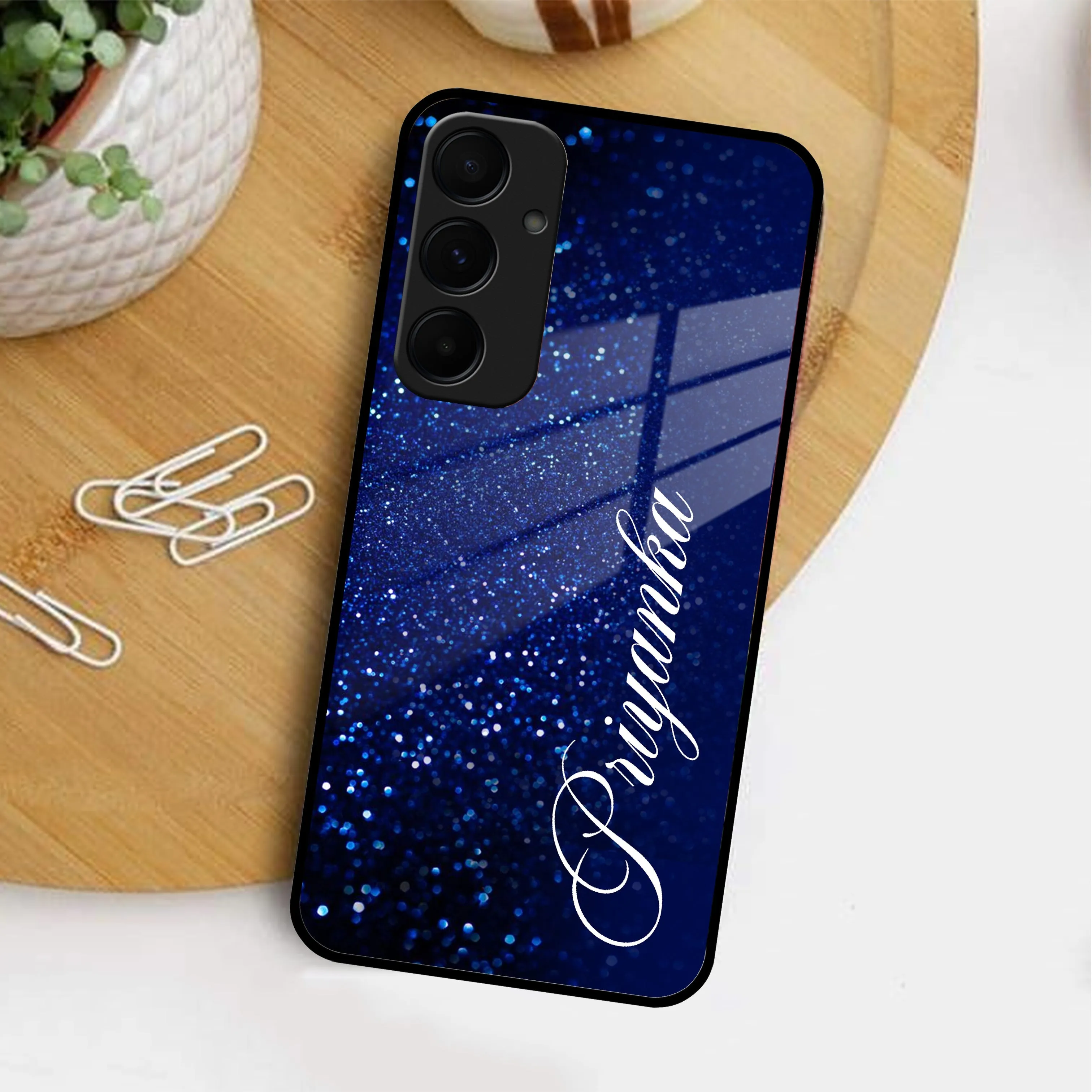 Blue Glitter Customize Glass Case Cover For Samsung