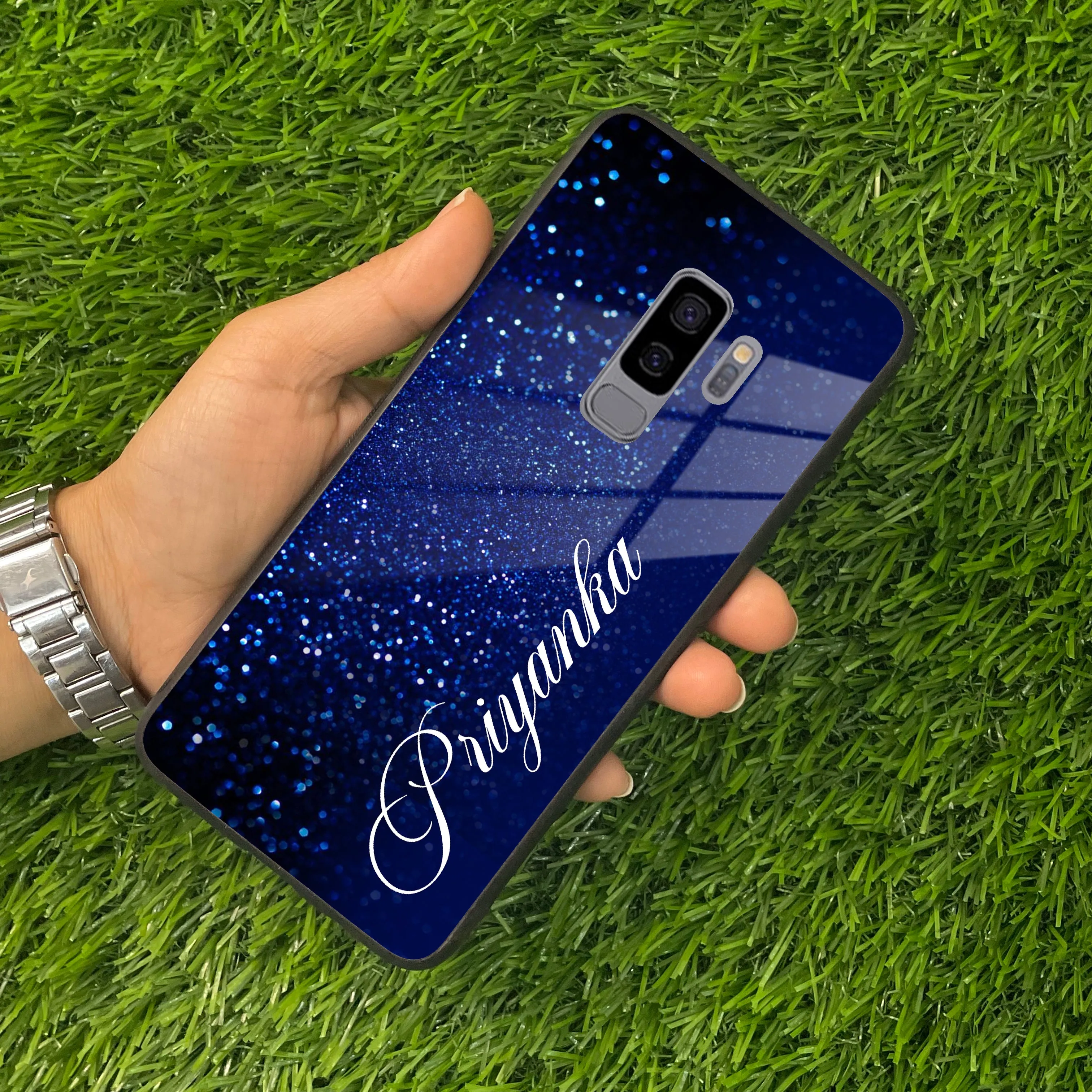 Blue Glitter Customize Glass Case Cover For Samsung