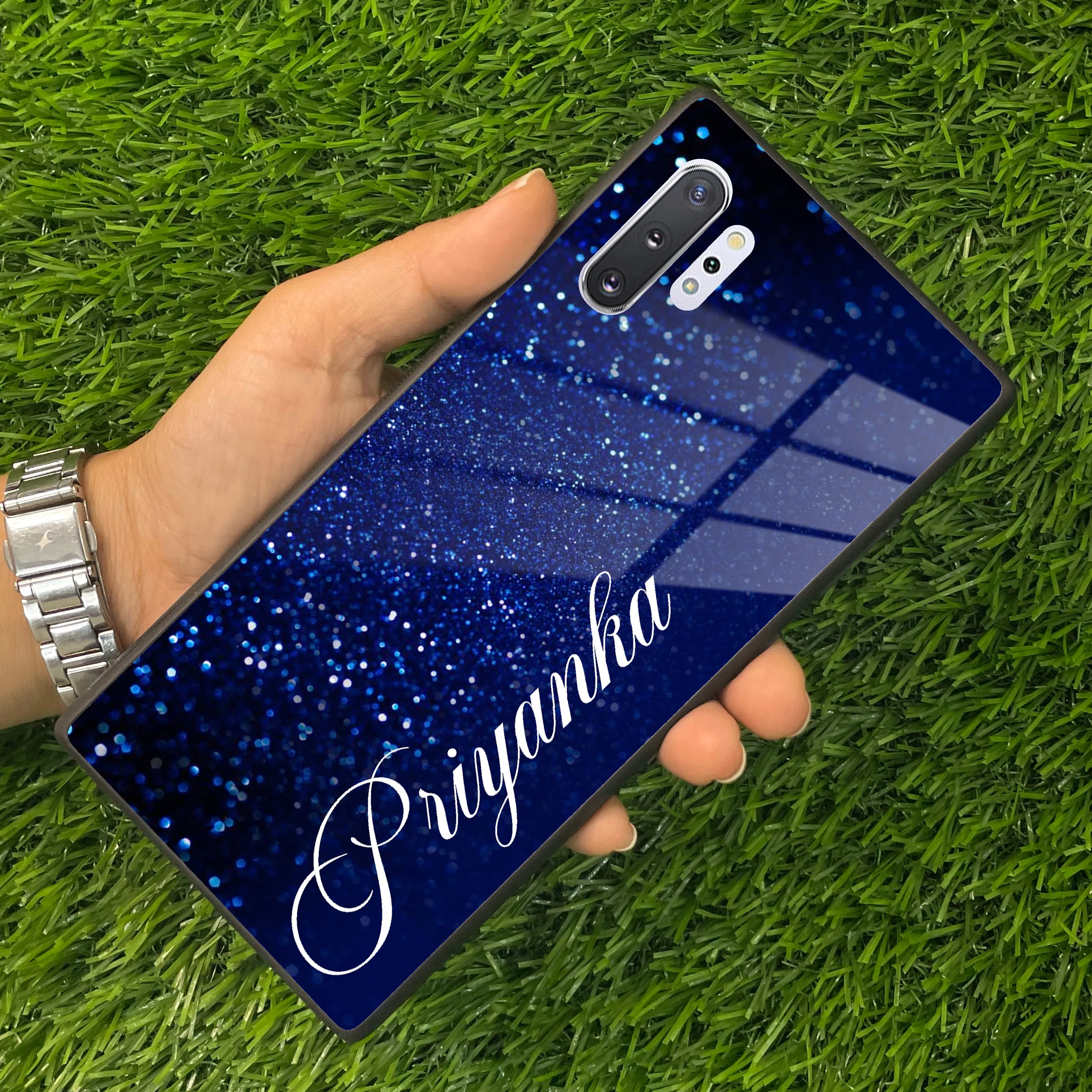 Blue Glitter Customize Glass Case Cover For Samsung