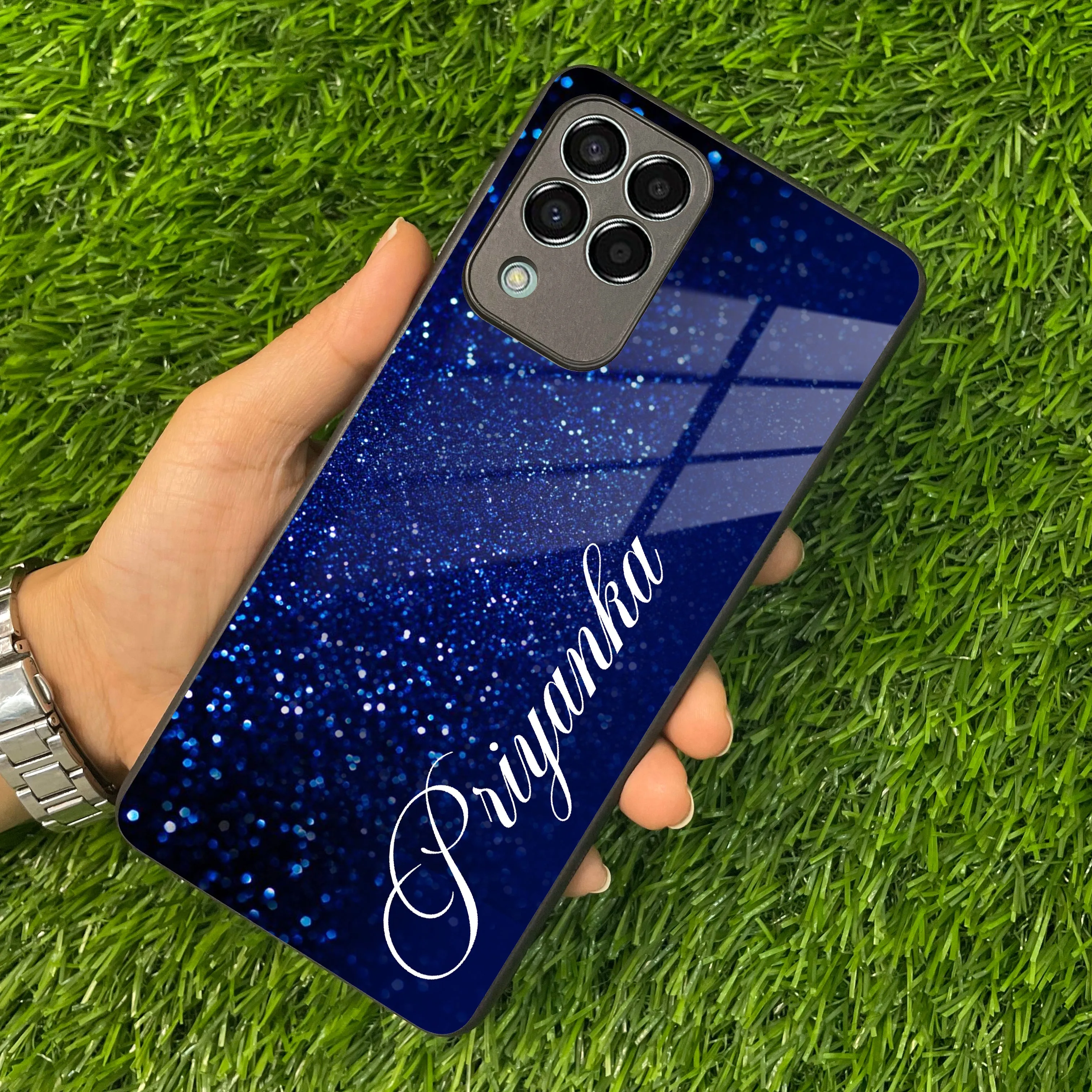 Blue Glitter Customize Glass Case Cover For Samsung