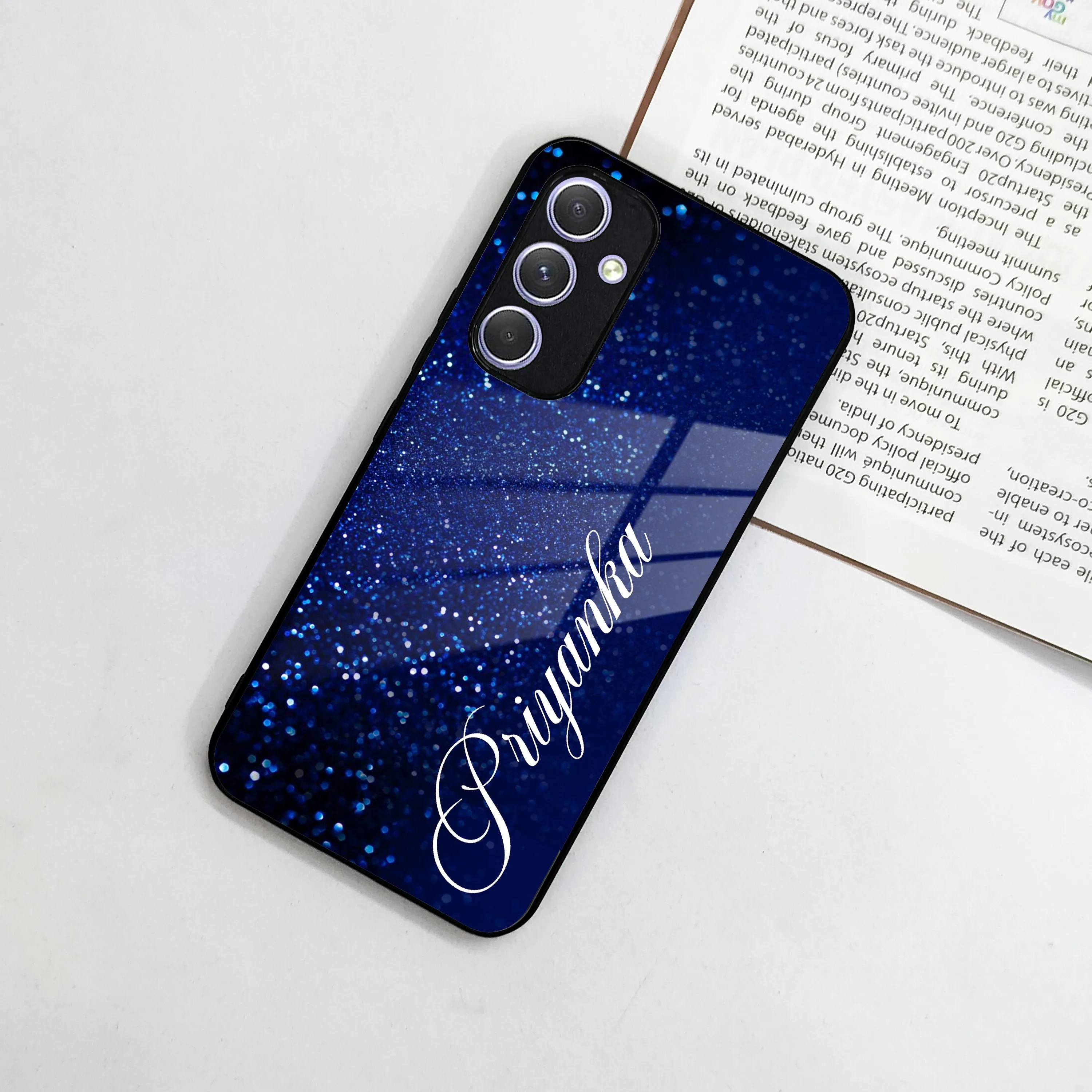 Blue Glitter Customize Glass Case Cover For Samsung