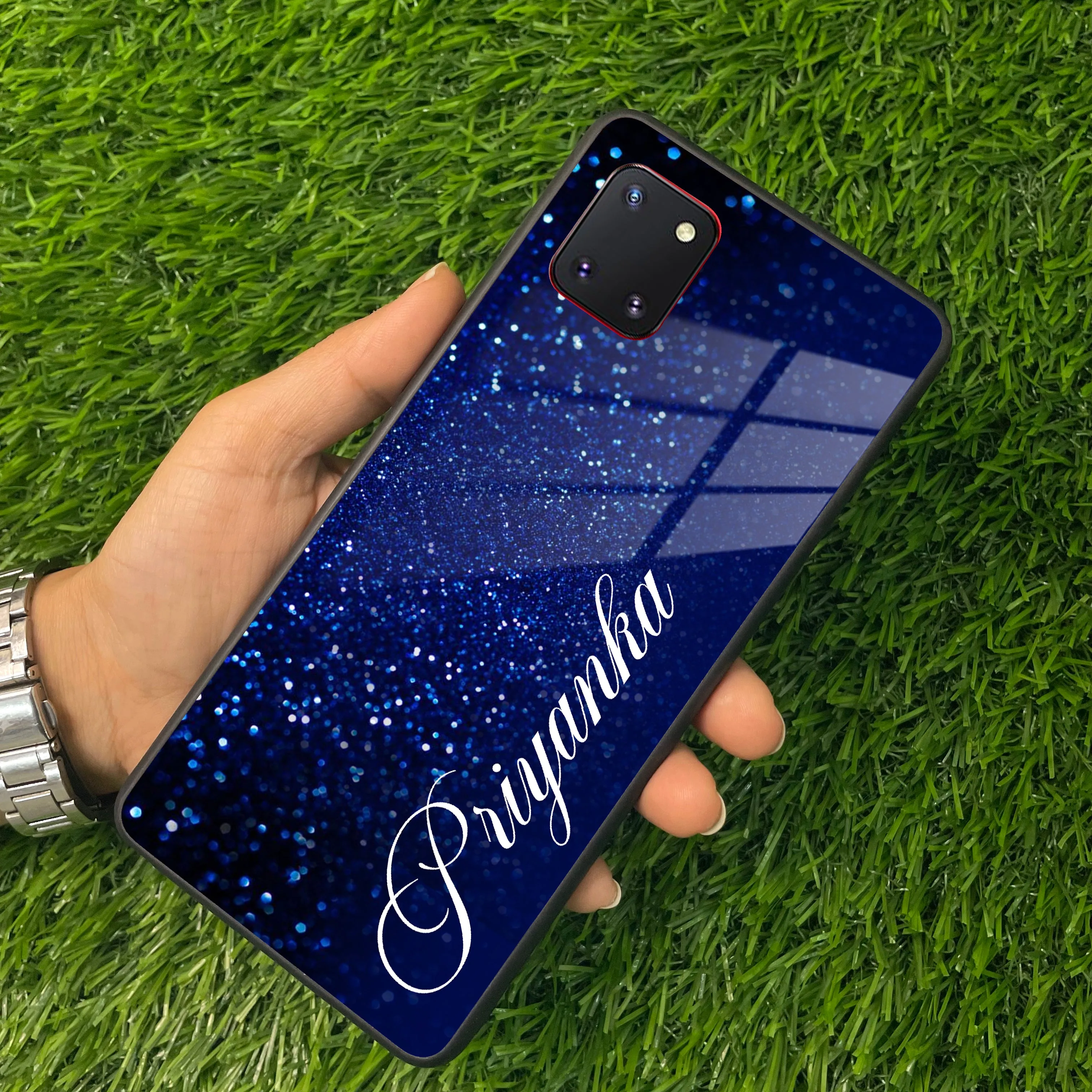 Blue Glitter Customize Glass Case Cover For Samsung