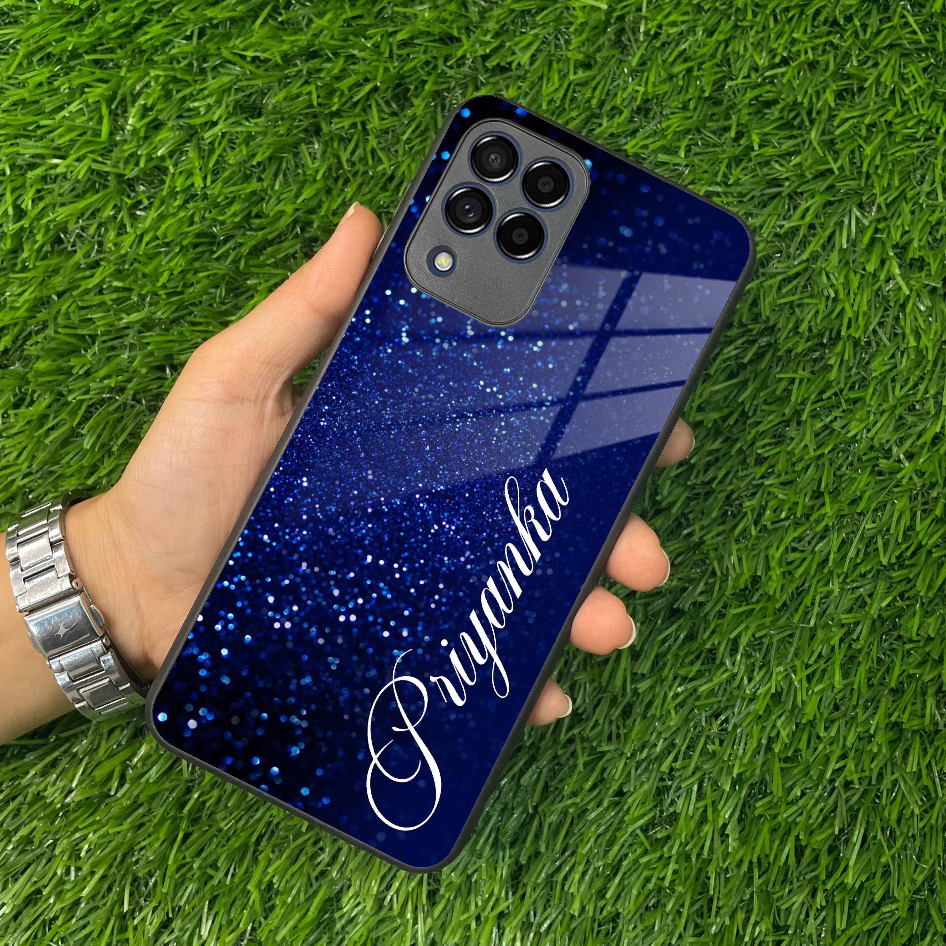 Blue Glitter Customize Glass Case Cover For Samsung